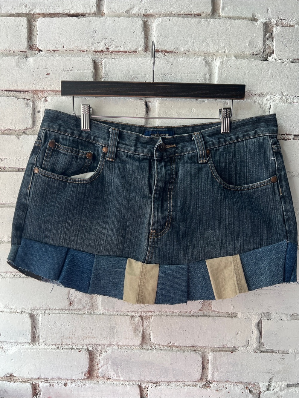 Wrangler Two-Tone Denim Mini Skirt with Contrast Patch Panel Upcycled denim skir
